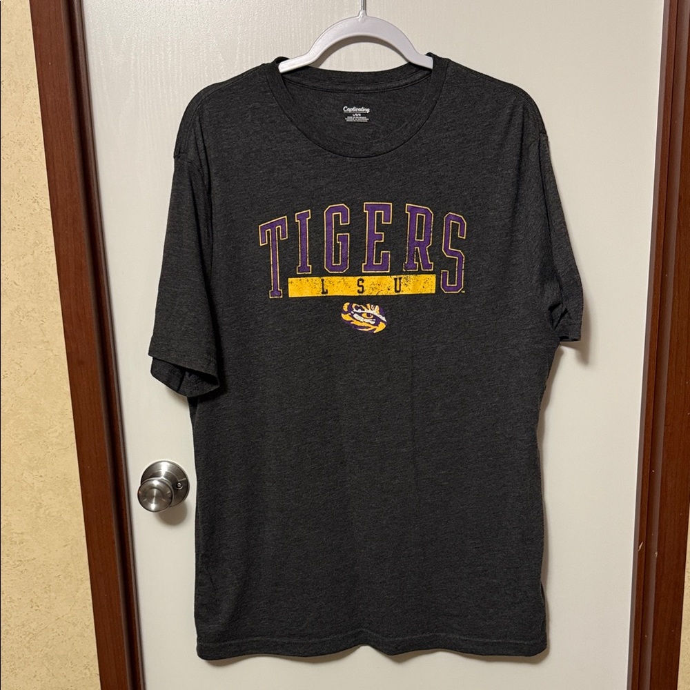 Captivating Women’s Gray T-Shirt with Purple and Gold Tigers Logo Size L
